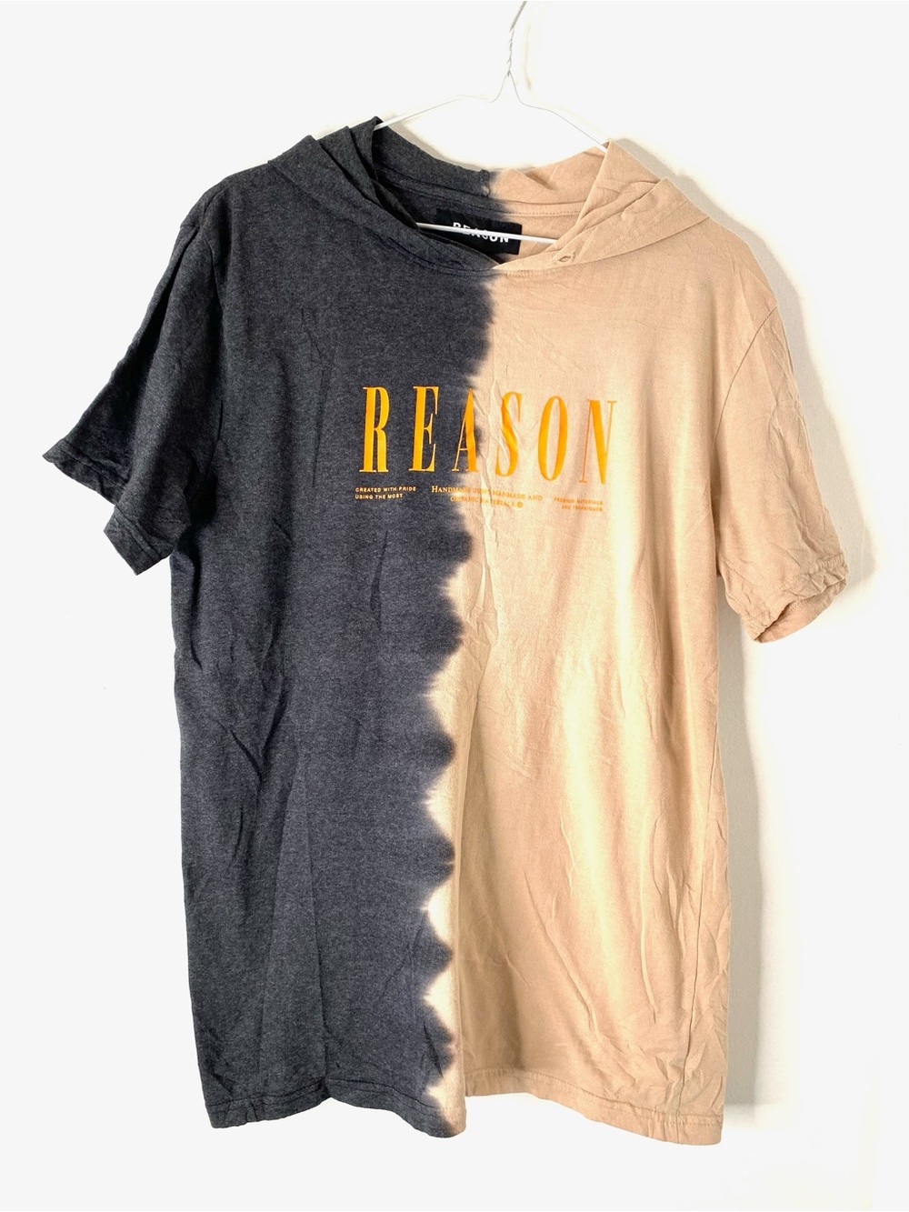 Reason Two Tone Peach Grey Split Hoodie Tee Short Sleeve Hooded Graphic Top Y2K